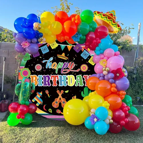 Vista 2 de Renaiss Cubierta de fondo redonda de 3 x 3 pies para fiesta mexicana de cumpleaños, temática de feliz cumpleaños, fotografía de fondo, banderas