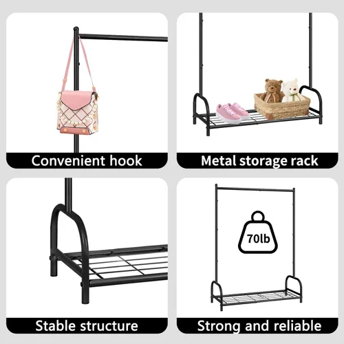 Vista 3 de Perchero de ropa para niños, estante de almacenamiento de disfraces para niños, pequeño estante de ropa con estante de almacenamiento de metal