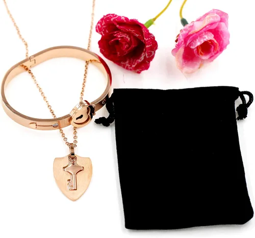Vista 4 de Uloveido Collar con colgante de llave de escudo y pulsera de bloqueo para niñas y niños, juego de pulsera para hombres y mujeres, regalo