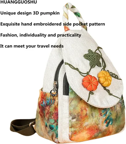 Vista 88 de HUANGGUOSHU Mochila de algodón tejida de algodón bohemio con bordado de lona estilo bohemio con múltiples bolsillos retro linda mochila cartera