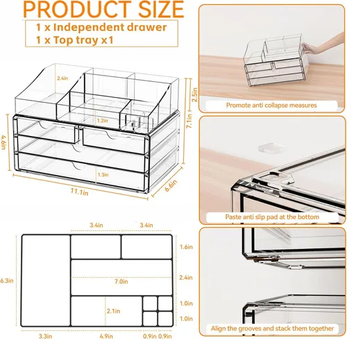 Vista 3 de Yieach Organizadores de maquillaje acrílico para mostrador, escritorio y tocador, paquete de 2 organizadores apilables para encimera de baño