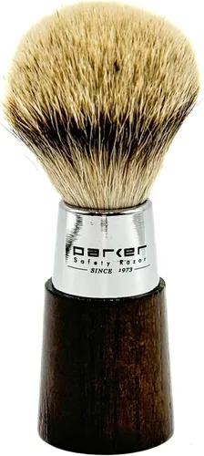 Vista 2 de Parker - Brocha de afeitar hecha a mano, 100% de 3 bandas con mango de tejón plateado de nogal y cromo, incluye soporte para cepillo