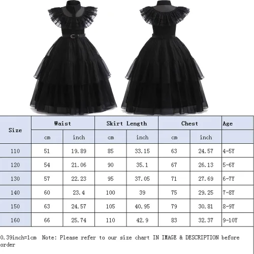 Vista 5 de QWFWBSM Wednesday Addams - Vestido de disfraz para niñas, disfraz de Halloween con accesorios, 4-12 años