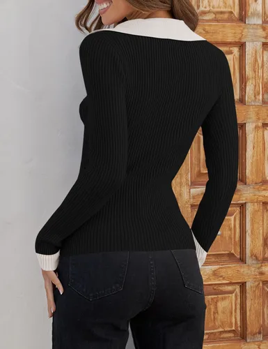 Vista 4 de ZESICA Suéteres para mujer 2024 de manga larga con cuello en V y punto acanalado, camisetas básicas de corte ajustado