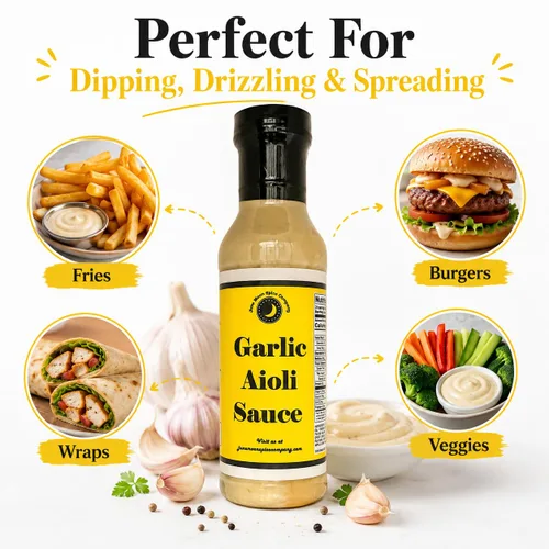 Vista 4 de Salsa de alioli de ajo Botella de 12 onzas líquidas con tapa de bloqueo de sabor Bajo en azúcar Fabricado en pequeños lotes Premium Salsa