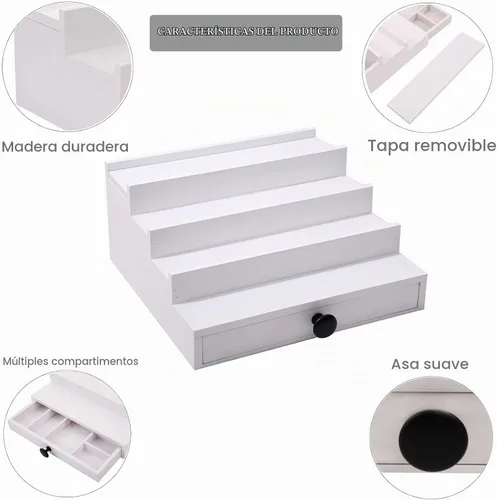 Vista 6 de 4 Tier White Cologne Organizer, Wooden Display Stand with Drawer Storage Blanco-4 niveles