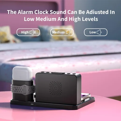 Vista 7 de Estación de carga rápida inalámbrica, reloj despertador 7 en 1 con soporte de cargador inalámbrico, base de carga para Apple, para múltiples