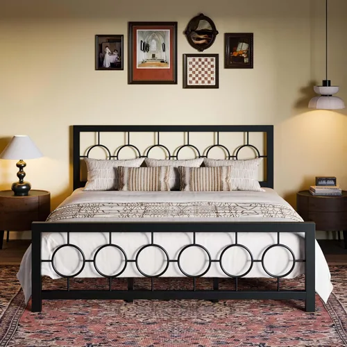 Vista 11 de SHA CERLIN Marco de cama de metal tamaño King con cabecera y pie de cama de diseño circular vintage, no requiere somier, fácil montaje, sin ruido