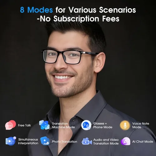 Vista 3 de Gafas inteligentes Al 2026, gafas de traducción Bluetooth con 164 idiomas Lentes fotocromáticas negras