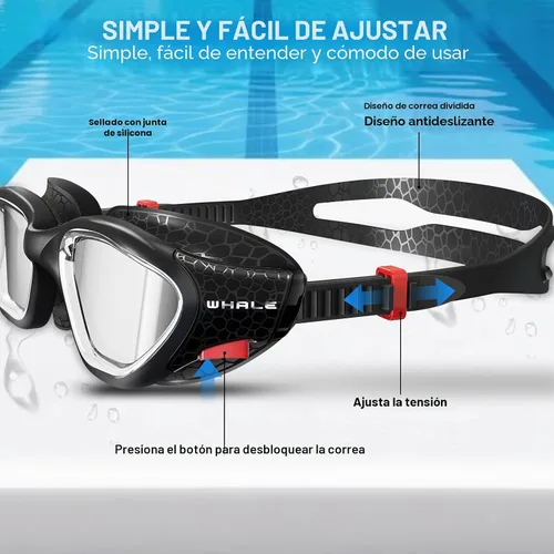 Vista 9 de Whale Gafas de natación polarizadas antiniebla, unisex, 100% protección UV, gafas antivaho de alta definición, visión de gran angular