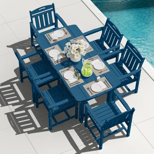 Vista 43 de Mesa de comedor rectangular para exteriores, mesa de polietileno de alta densidad resistente para 6, mesa de patio resistente a la intemperie