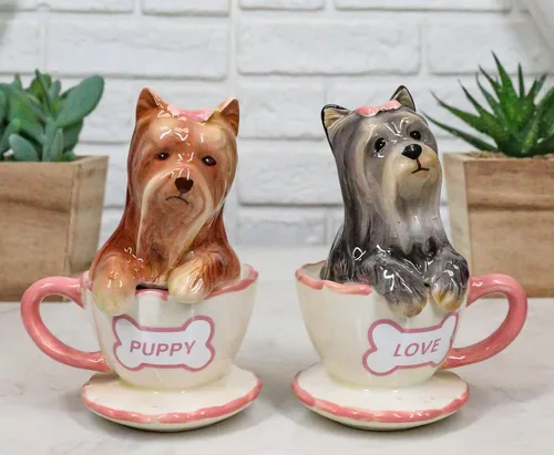 Vista 8 de Ebros - Juego de salero y pimentero de cerámica de Yorkshire Terriers Yorkie de cerámica con tazas de té, juego de salero y pimentero, figuras