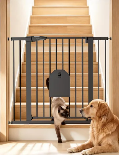 Vista 12 de Babelio - Puerta de seguridad con cierre automático para bebés con puerta para gatos, puerta de metal de 73-109 cm para puertas, escaleras, casa
