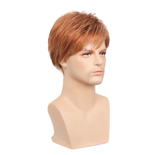 Vista 4 de Baruisi Peluca corta para hombre, color marrón claro, repuesto de cabello sintético, Cospaly Halloween