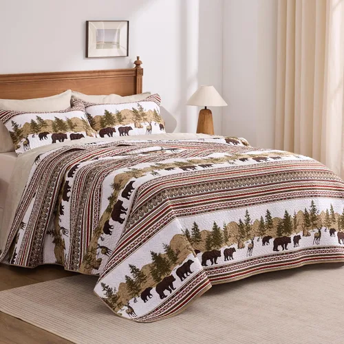 Vista 5 de PPOLCA Juego de ropa de cama para cabaña tamaño individual, edredón rústico reversible ligero de Navidad con diseño de osos, 2 piezas de colcha