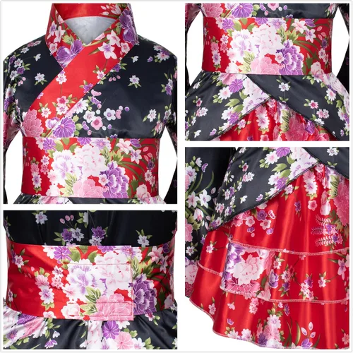Vista 6 de Elibelle Vestido tradicional japonés kimono bata para niños niñas disfraz de seda plegable abanicos de pelo palo de pelo máscara de zorro conjunto
