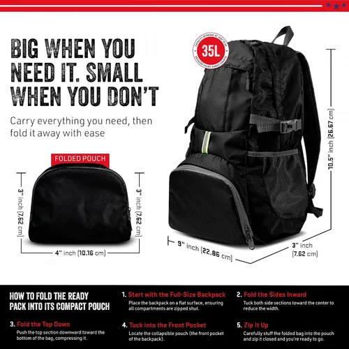 Vista 4 de MODERN NEEDS Ready Pack 35L — Mochila plegable para viajes Mochila de senderismo ligera y resistente al agua Mochila compacta y empacable