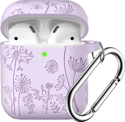 Vista 14 de Lerobo - Funda con grabado de flores para carcasa de AirPod, protector de silicona suave y elegante con llavero compatible con carcasa de carga