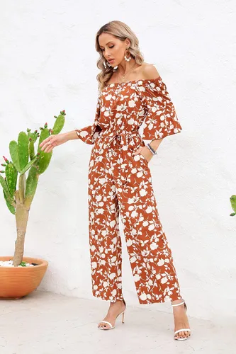 Vista 2 de Enterizo de verano estilo informal para mujer, estampado floral, hombros descubiertos y manga corta, diseño con volantes, corte holgado, cintura