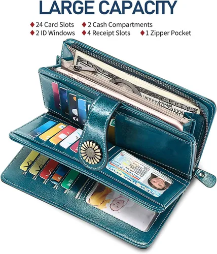 Vista 4 de HUANLANG Cartera grande de cuero para mujer con bolsillo para monedas, organizador de cartera RFID para mujer con correa para muñeca, Estilo 2