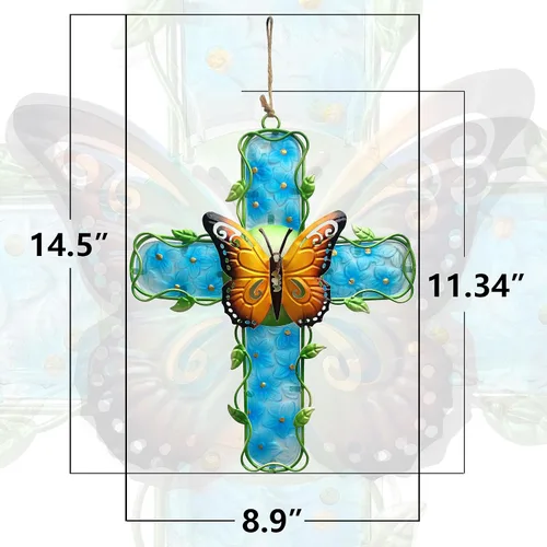Vista 3 de COOZZYHOUR Decoración de pared de metal con cruz de metal y cristal, flor de hortensia azul, decoración para exteriores, interiores, hogar, jardín