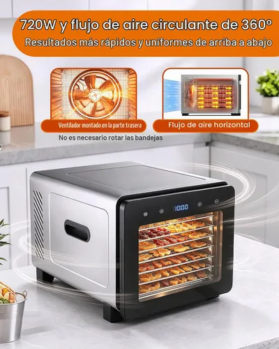 Vista 3 de Máquina deshidratadora de alimentos, secadora de acero inoxidable de 720 W con 8 bandejas con puerta de ventana transparente, control digital