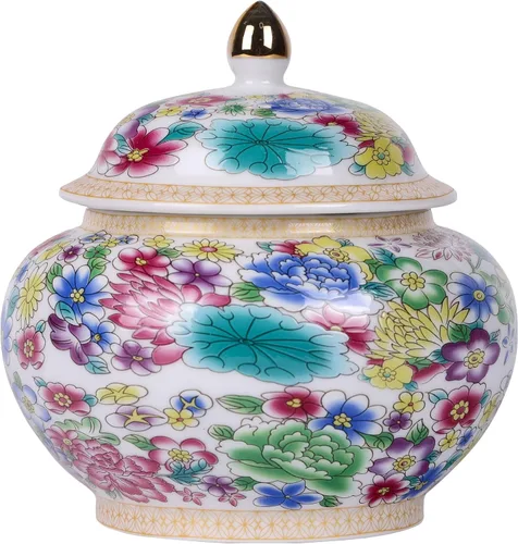 Vista 10 de Tarro clásico de jengibre esmaltado, hecho a mano, diseños inspirados en la dinastía Yuan y Ming, motivos florales de colores vibrantes en jarrón