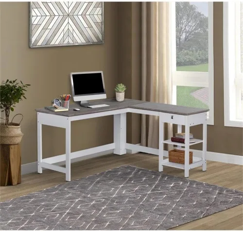 Vista 2 de Saint Birch Finley - Escritorio de madera moderno en forma de L en color blanco/madera flotante