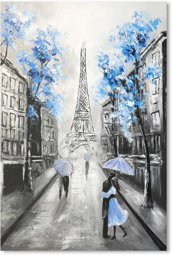 Vista 9 de YPY Arte de Pared en Lienzo Floral Azul de París: Imagen de Flor Azul Torre Eiffel Gris para Decoración de Baño, Pintura Texturizada de Paisaje