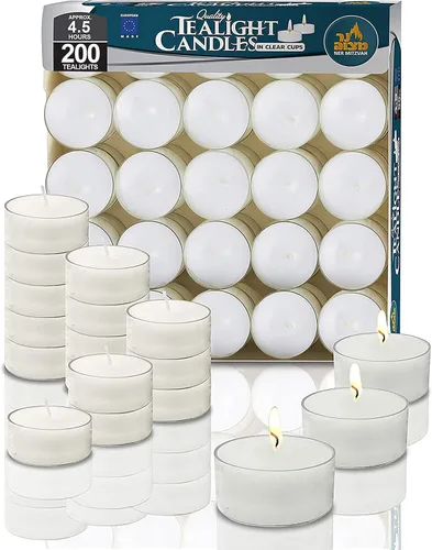 Vista 8 de Ner Mitzvah Velas de té – Paquete de 50 velas a granel – Velas blancas sin perfume en taza transparente – Larga combustión – 4.5 horas