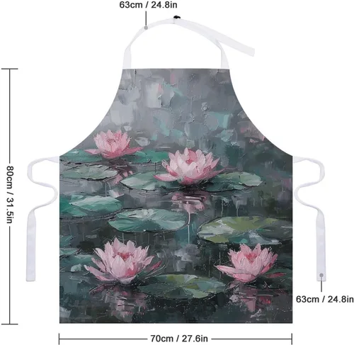 Vista 2 de MUSM Apron for Adults - 27.6 X 31.5 Inch, Heavy-Duty Polyester Aprons with Two Large Pockets, Waterproof Peach Water Lily Painting Kitchen Apron for