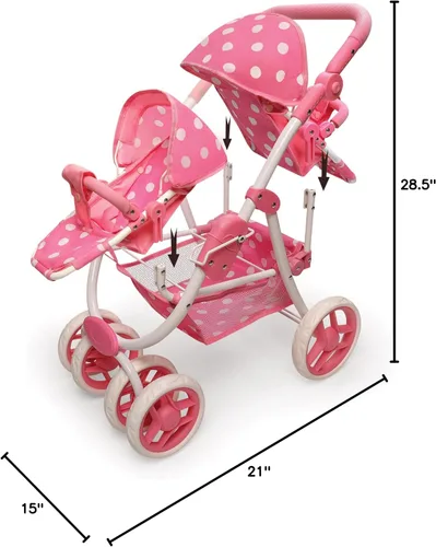 Vista 11 de Badger Basket Cochecito de muñeca doble reversible con lunares para muñecas de 16 pulgadas - rosa/lunares con asientos extraíbles