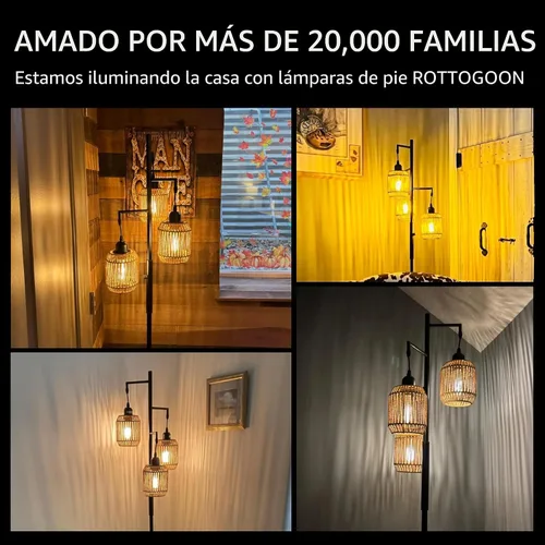 Vista 6 de ROTTOGOON Lámpara de Pie Bohemia Regulable - Lámpara de Pie de Ratán de Granja de 3 Luces para Sala de Estar, Lámparas de Pie Industriales tipo