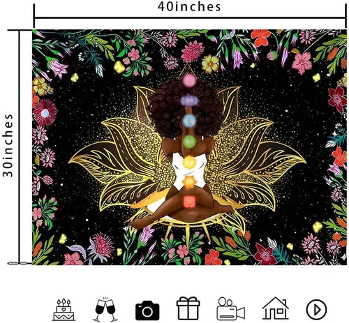 Vista 3 de Ine Ive Tapiz de chakra africano, mujer afroamericana, tapices de meditación zen, 40 x 30 pulgadas, cielo estrellado, flores, jardín, inspirador