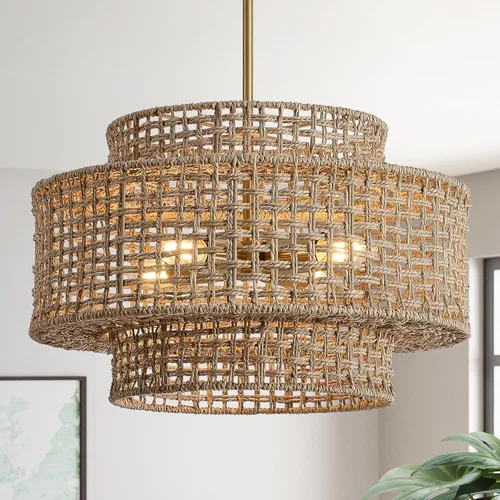 Vista 18 de 12.4” Candelabro de ratán boho, 1 luz, lámpara colgante tejida a mano, lámpara colgante rústica de estilo granja para isla de cocina, recámara
