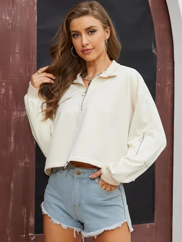 Vista 4 de SILKWORLD Sudadera corta con cremallera de un cuarto para mujer, manga larga, cuello alto, cordón ajustable, con bolsillos
