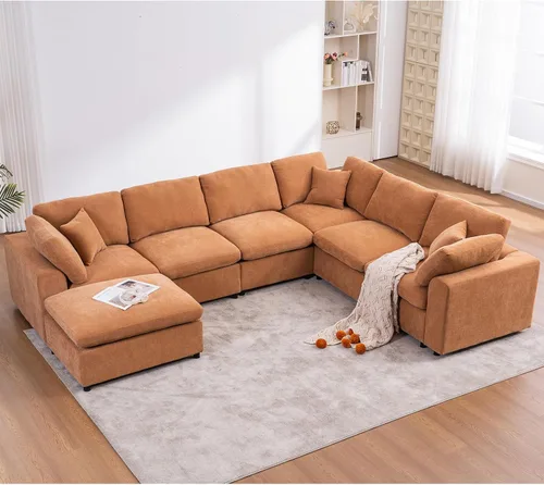 Vista 12 de Sofás modulares de nube seccionales para sala de estar, sofá modular grande con otomana, sofá de 3 plazas en forma de L con almohada, color beige