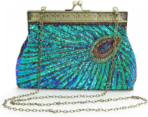 Vista 2 de Bolso de noche con cuentas de lentejuelas para mujer, estilo retro, pavo real, bolso de novia, bolso vintage brillante para fiesta, boda, cóctel