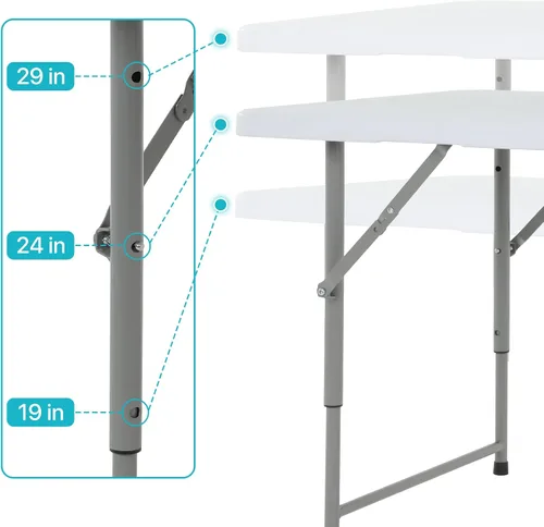 Vista 4 de Mesa plegable de plástico, 4 pies, color blanco, altura ajustable, interior/exterior, comedor de fiesta, utilidad