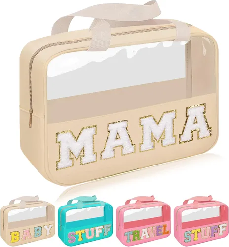 Vista 10 de Iqimott Bolsa de bebé con parche de letras de chenilla, bolsa de cosméticos transparente para maquillaje, bolsa grande de almacenamiento