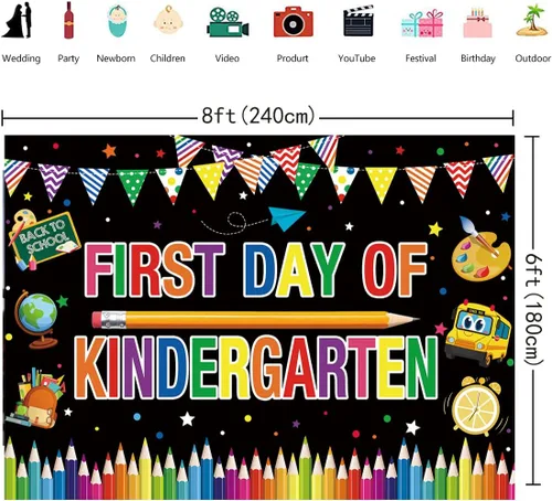 Vista 6 de Pancarta de fondo para el primer día de jardín de infantes, grafiti colorido, primer día de escuela, cartel de bienvenida de regreso a clases