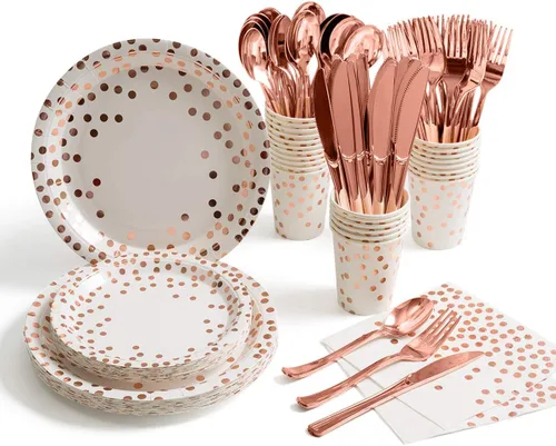 Vista 8 de HOMIX Suministros de fiesta negros y dorados, 175 piezas, platos desechables de papel negro, servilletas, vasos, tenedores de plástico dorado