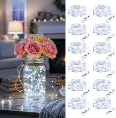 Vista 13 de Minetom Paquete de 12 luces de hadas que funcionan con pilas, 8 modos, 7 pies, 20 LED, 6 colores, impermeables, alambre plateado, luces