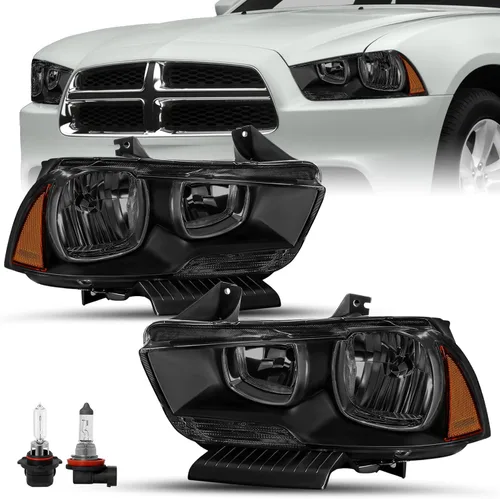 Vista 8 de SOCKIR Juego de montaje de faros delanteros compatible con Dodge Charger 2011 2012 2013 2014 Faro halógeno de repuesto negro con reflector ámbar