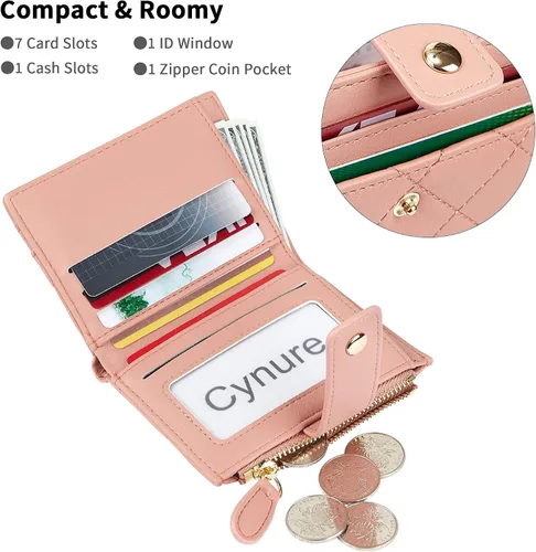 Vista 2 de Cartera de cuero para mujer, pequeña, compacta, plegable, con bolsillo para monedas con cremallera