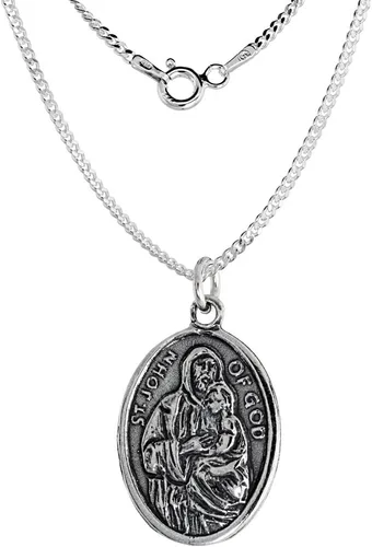 Vista 2 de Collar con medalla de San Juan de Dios en plata de ley con acabado oxidado, cadena ovalada de 0.071 in