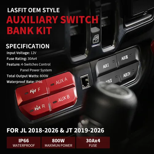 Vista 2 de LASFIT Kit de banco de interruptores auxiliares, panel de interruptor auxiliar Plug & Play estilo OEM, tablero de 4 botones 4 x 30 A para Wrangler