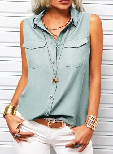 Vista 2 de Veatzaer Camisetas sin mangas con solapa sólida para mujer, camisas de verano con botones para oficina