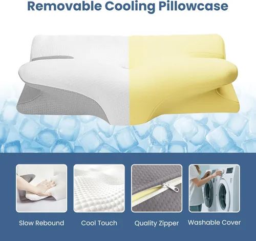 Vista 4 de Almohada ergonómica de espuma viscoelástica cervical para aliviar el dolor de cuello, almohada de contorno ajustable con centro hueco y funda