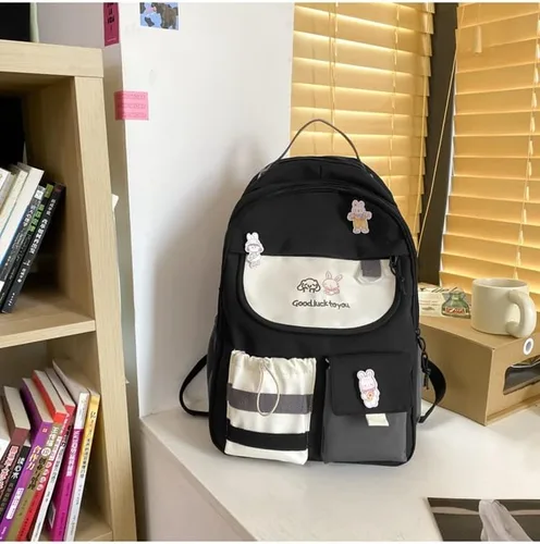 Vista 2 de Mochila coreana linda kawaii japonesa pastel estético de 16 pulgadas para laptop para adolescentes y niñas mochila escolar para estudiantes F-negro